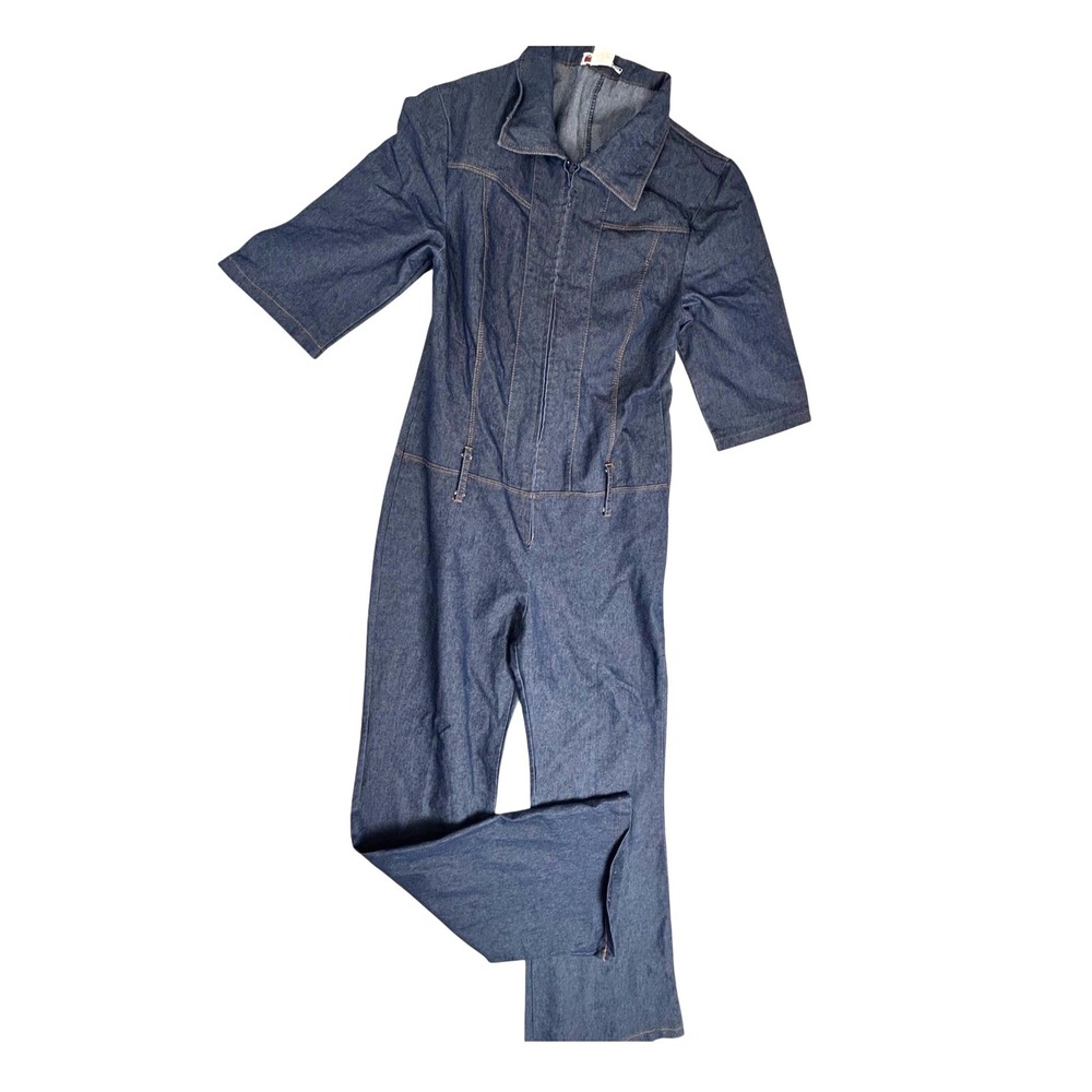 Vintage Tomato Denim Jumpsuit Womens M Blue Zip Front Wide Leg Y2K